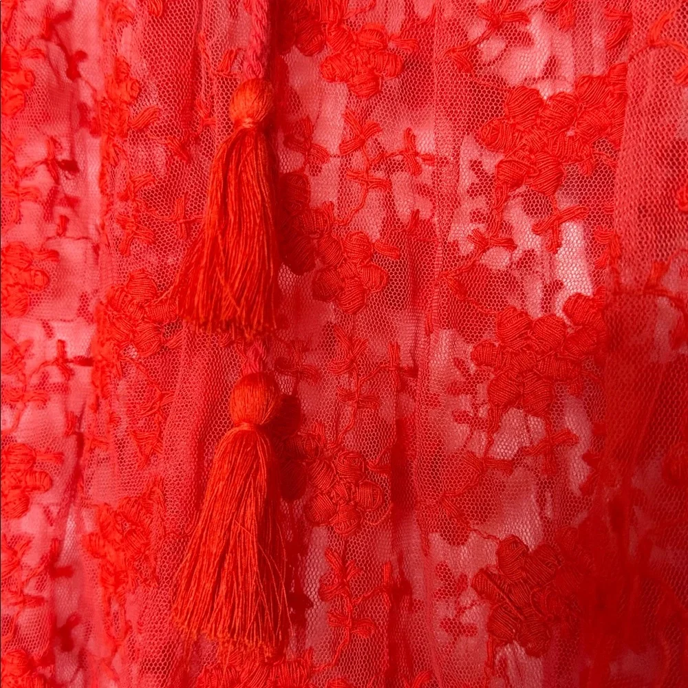 Free People red jubilee floral embroidered sheer peasant top size small - Picture 9 of 12